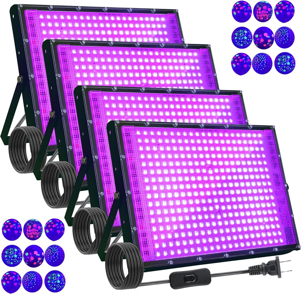4 Pack 300W Blacklight 336 LEDs, UV Lamp Black Lights for Glow Party, 395nm, IP65 Outdoor Black Light Fixture for Halloween, Glow in The Dark Party, Fluorescent Poster Tapestry, Body Painting