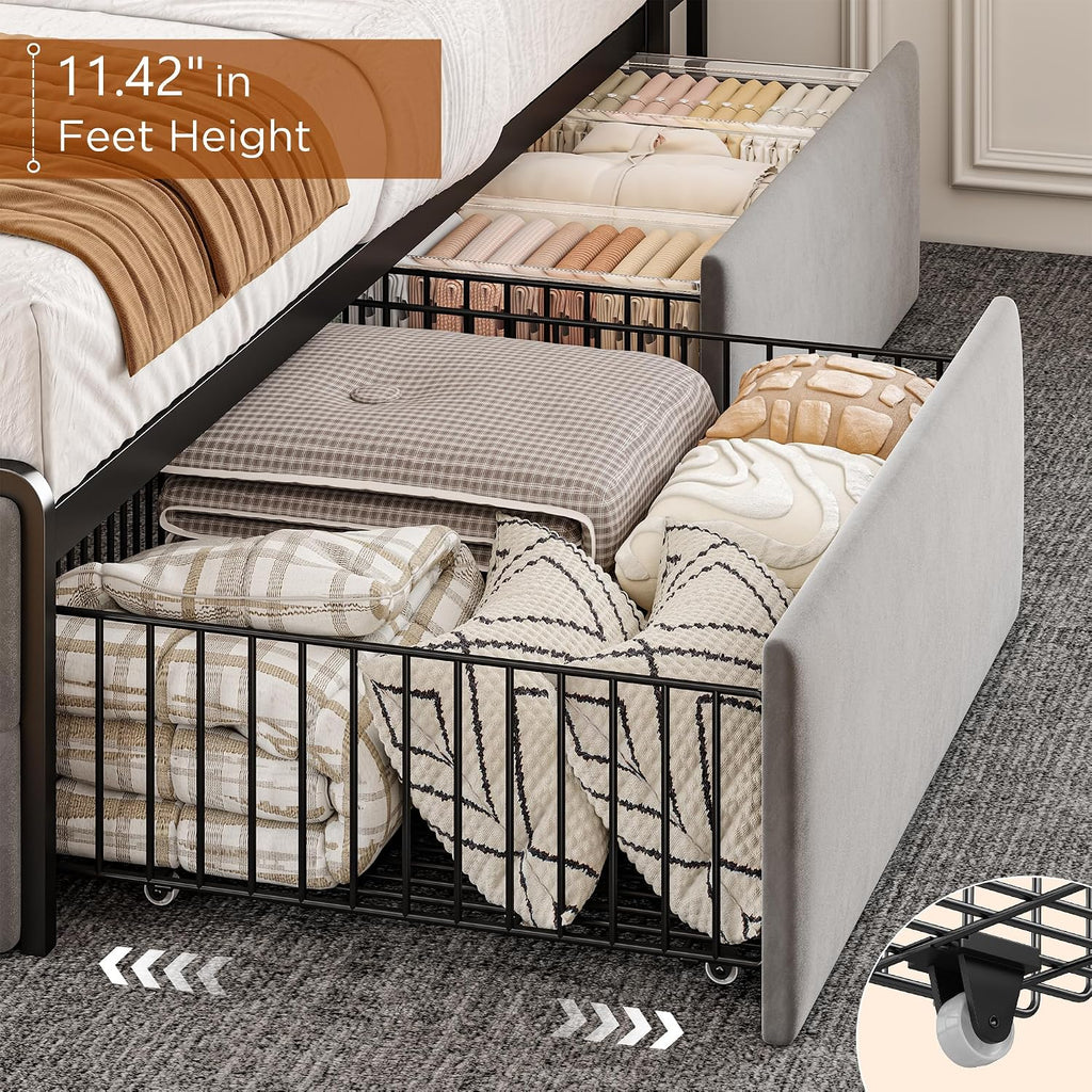 EnHomee Full Size Bed Frame with Upholstered Headboard and 6 Storage Drawers,Bed Frame Full with LED Lights and Charging Station,no Box Spring Needed,No Noise, Easy Assembly,Velvet,Sturdy,Soft,Grey