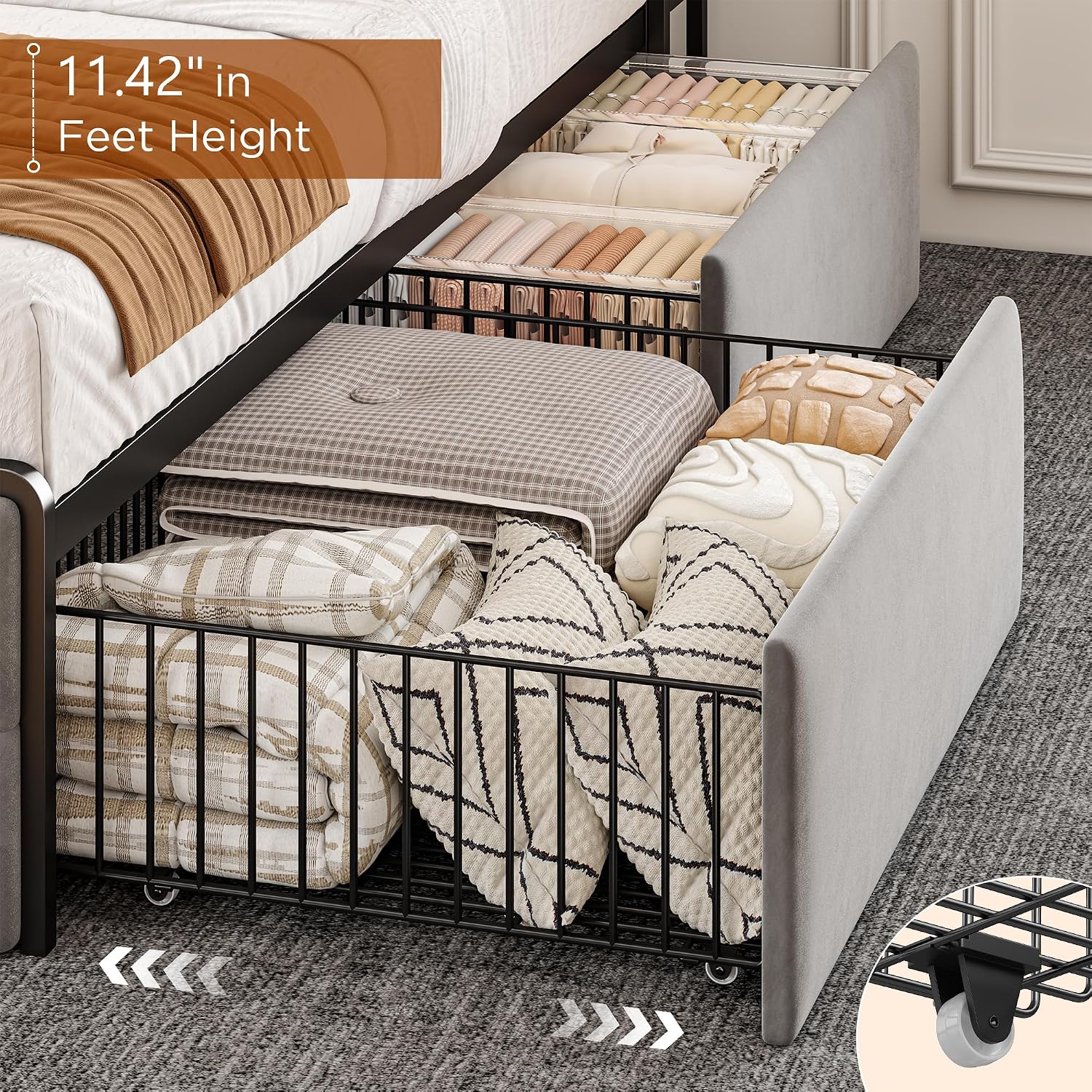 EnHomee Full Size Bed Frame with Upholstered Headboard and 6 Storage Drawers,Bed Frame Full with LED Lights and Charging Station,no Box Spring Needed,No Noise, Easy Assembly,Velvet,Sturdy,Soft,Grey