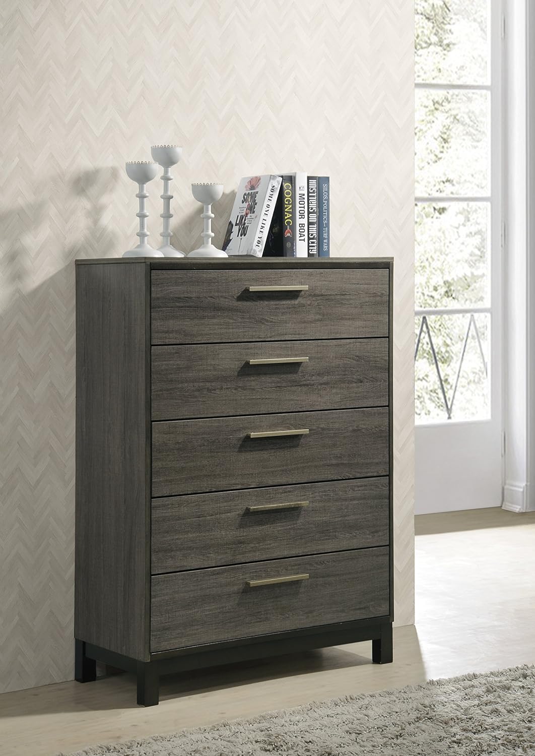 Roundhill Furniture Ioana 187 Antique Grey Finish Wood Bed Room Set, Queen Size Bed, Dresser, Mirror, Night Stand, Chest