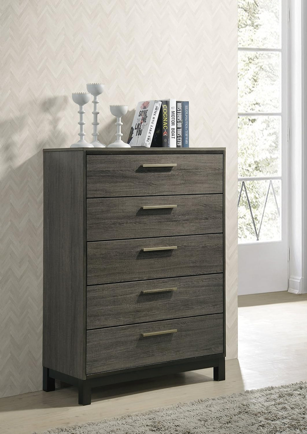 Roundhill Furniture Ioana 187 Antique Grey Finish Wood Bed Room Set, Queen Size Bed, Dresser, Mirror, 2 Night Stands, Chest
