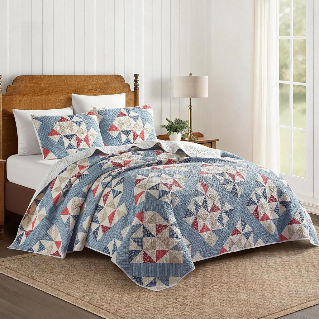 Modern Heirloom Americana Heartland Quilt Set, Full/Queen | Pieced Sashing with Printed Star & Pinwheel Blocks| Red, White, and Blue| Cotton Face and Fill| 3-Piece