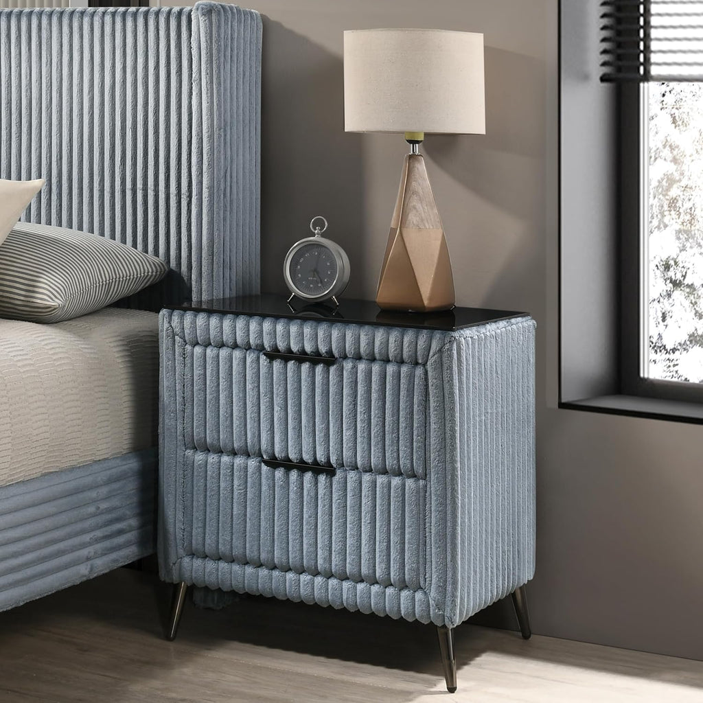 Roundhill Furniture Mavela Wide Wale Corduroy Upholstery Panel King Bed with 2 Nightstands and Bench, Blue