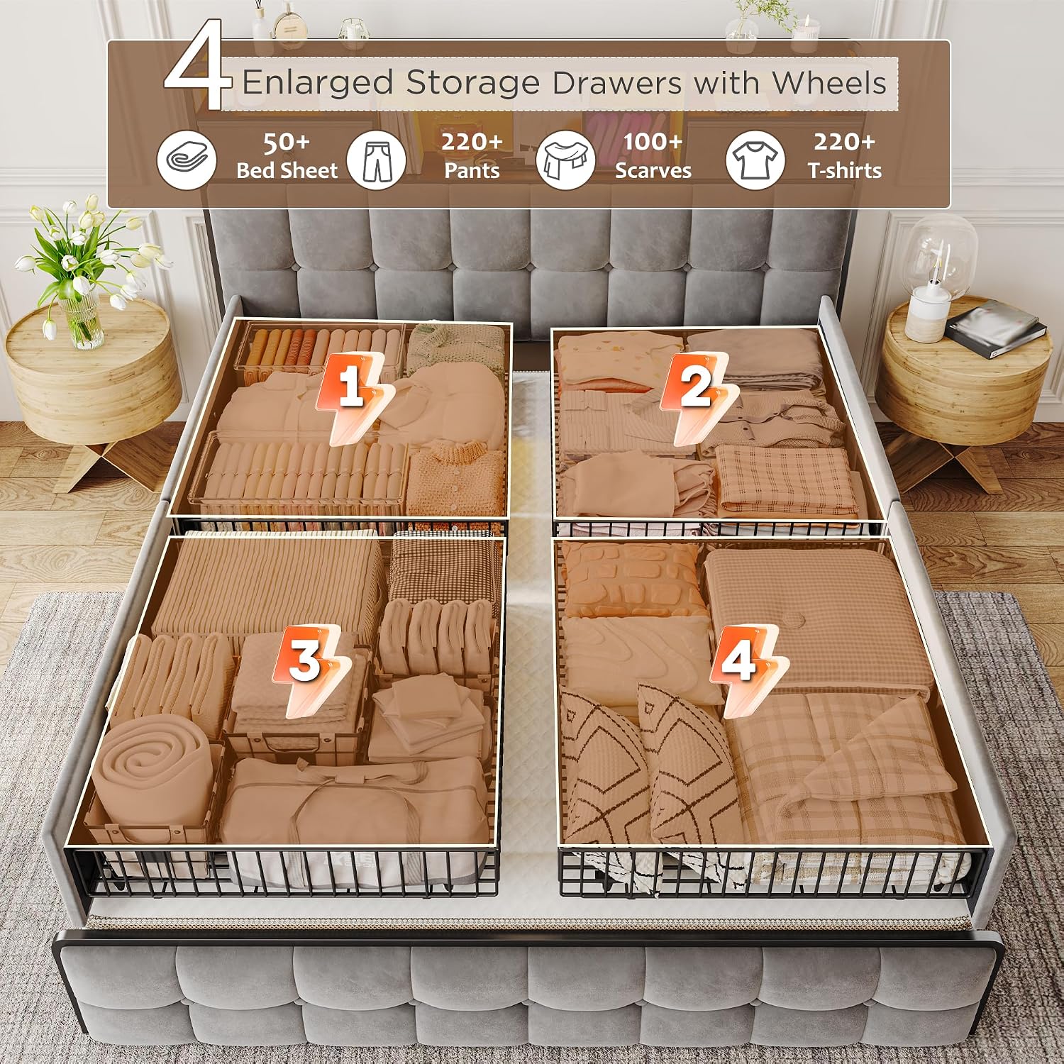 EnHomee Full Size Bed Frame with Upholstered Headboard and 6 Storage Drawers,Bed Frame Full with LED Lights and Charging Station,no Box Spring Needed,No Noise, Easy Assembly,Velvet,Sturdy,Soft,Grey