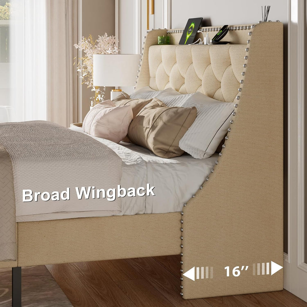 Feonase Full Size Bed Frame with Luxury Wingback and Fast Charging Station,Full Upholstered Button Tufted Storage Headboard Platform Bed, Sturdy Wooden Slats Support, Noise-Free, Easy Assembly, Beige