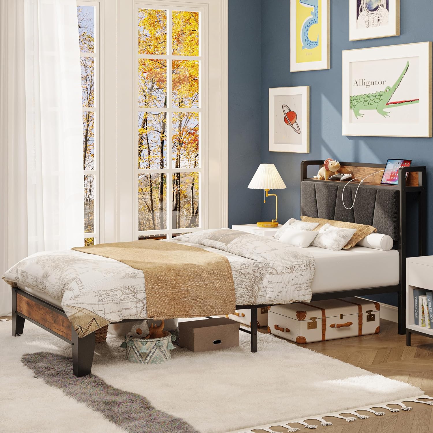 LIKIMIO Twin XL Bed Frames, Storage Headboard with Charging Station, Solid and Stable, Noise Free, No Box Spring Needed, Easy Assembly