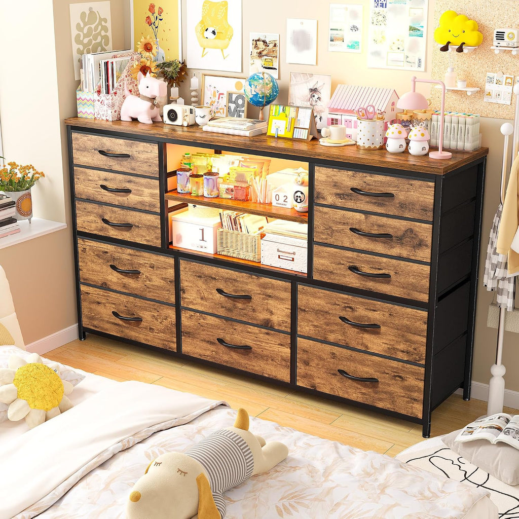 EnHomee 12 Drawers Dresser for Bedroom with LED Lights & Charging Station,TV Stand for 55/60'' TV, Fabric Dressers & Chests of Drawers with 3 Wooden Shelves for Hallway,Sturdy,Rustic Brown