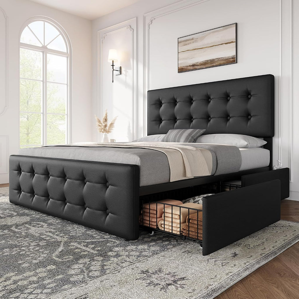 IDEALHOUSE Full Size Bed Frame with 4 Storage Drawers and Headboard, Faux Leather Upholstered Platform Bed Frame with Wooden Slats Support, Button Tufted Design, No Box Spring Needed, Black