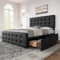 IDEALHOUSE Full Size Bed Frame with 4 Storage Drawers and Headboard, Faux Leather Upholstered Platform Bed Frame with Wooden Slats Support, Button Tufted Design, No Box Spring Needed, Black