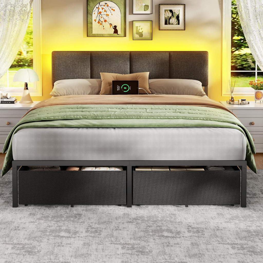Furnulem Queen Bed Frame with Adjustable Headboard, Upholstered Bed with 2 Storage Drawers, Built-in USB Charging Station & LED Lights, Platform Bedframe with Metal Slats, No Spring Box Needed, Grey