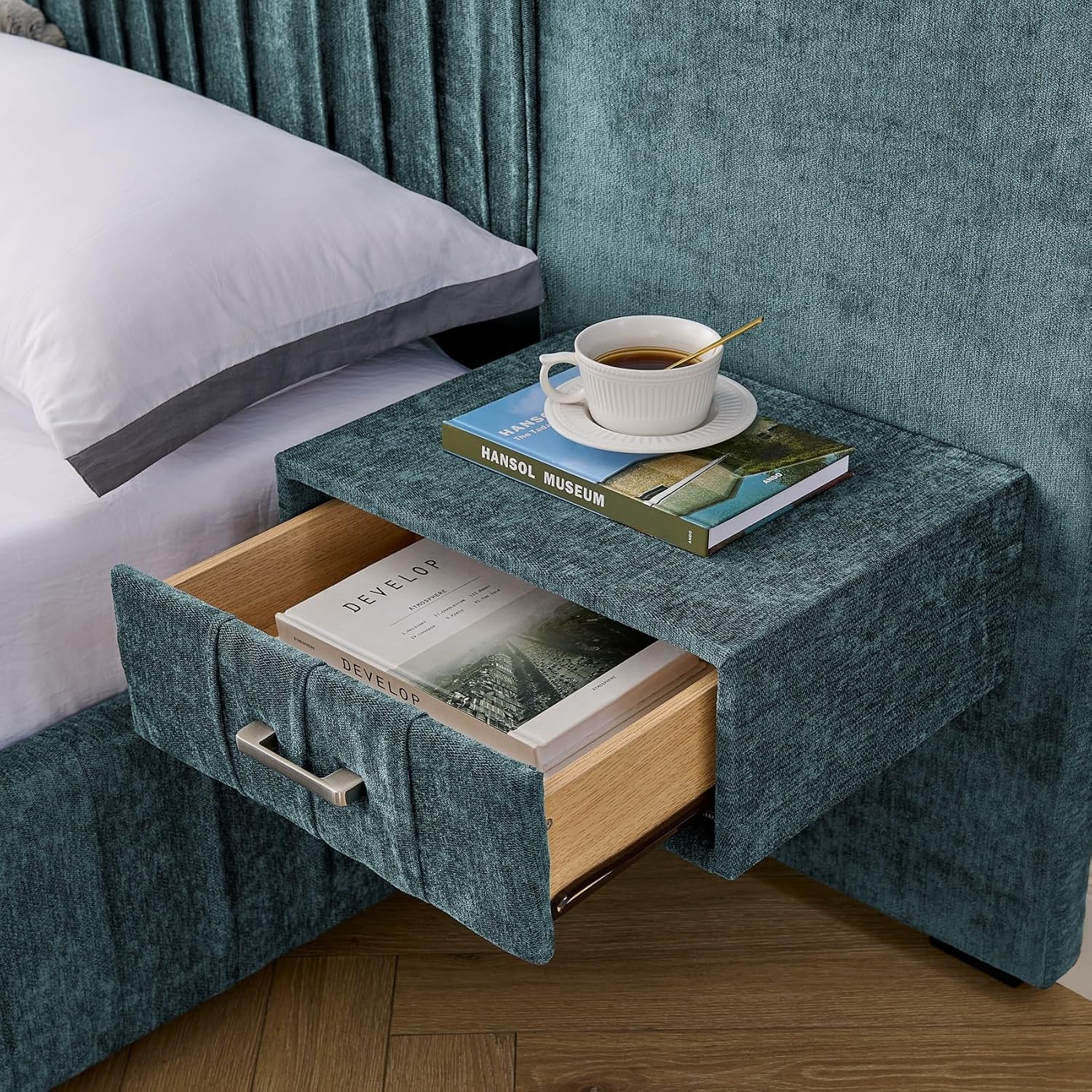 KEIKI King Size Chenille Bed Frame with 2 Nightstands, Lamps & Oversize Headboard, Solid Wood Frame Platform Night Stand Bedroom Set, Upholstered Floor Grounded Bed, No Box Spring Needed, Blue Green