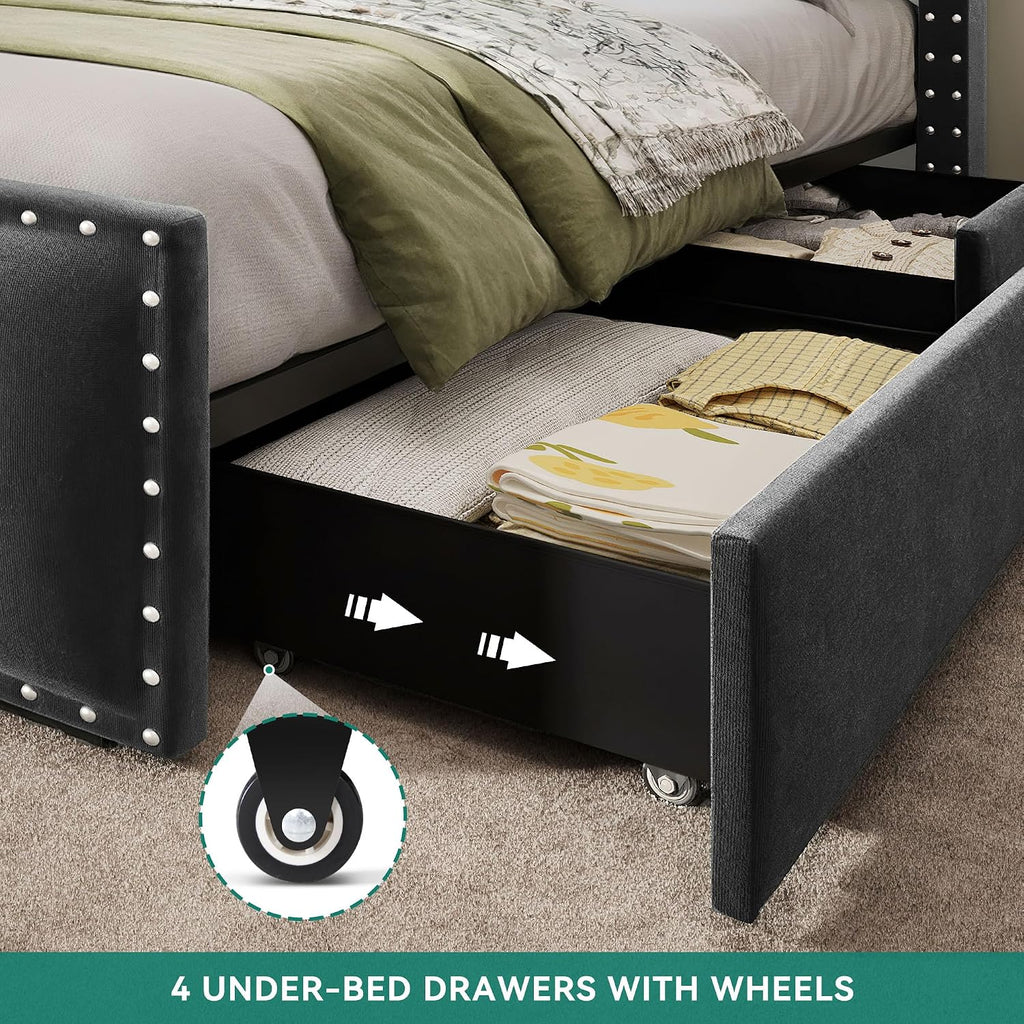 YITAHOME King Size Bed Frame wi/ 4 Storage Drawers and RGB LED Lights, Velvet Upholstered Platform Bed w/Charging Station and Bookcase Storage Headboard, No Box Spring Needed, Easy Assembly, Dark Gray