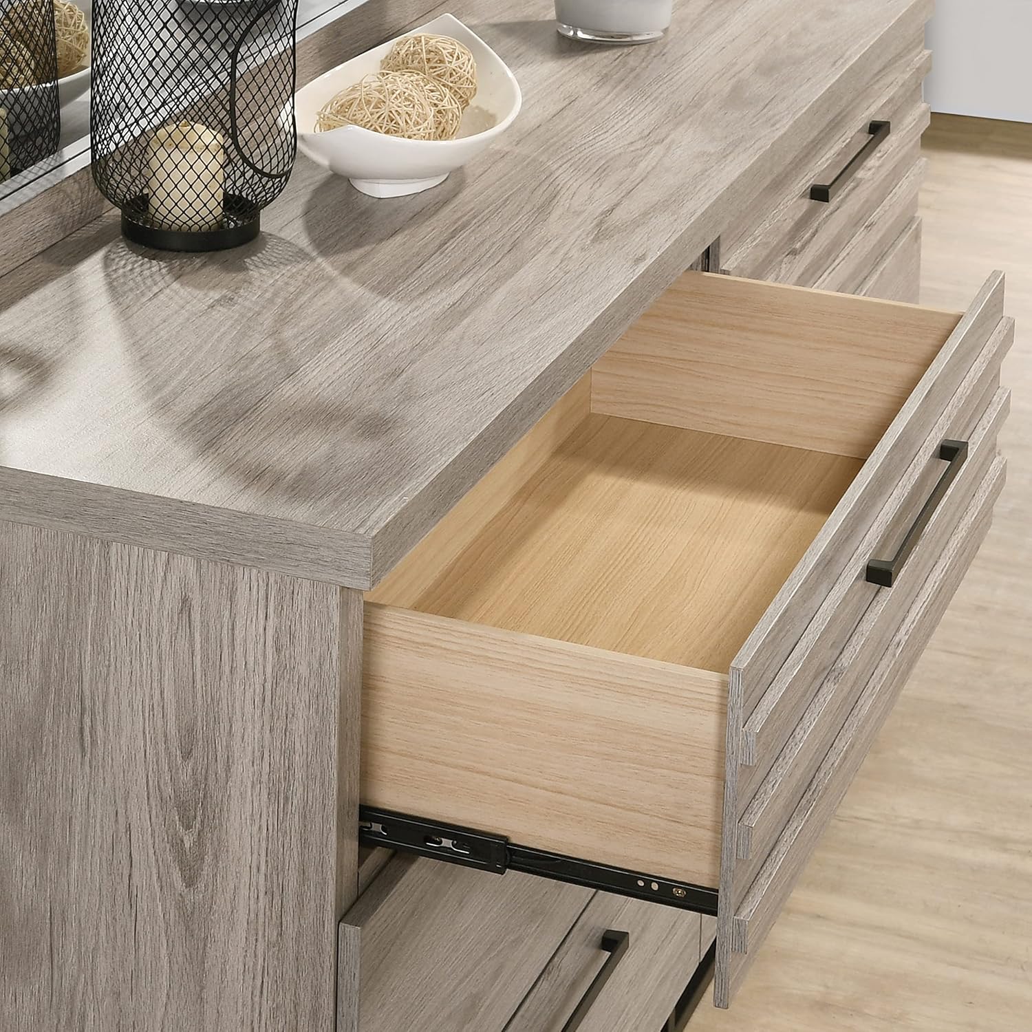 Roundhill Furniture Alvear Upholstered Wood Panel Bed, Dresser, Mirror, 2 Nightstands, and Chest, King, Weathered Gray