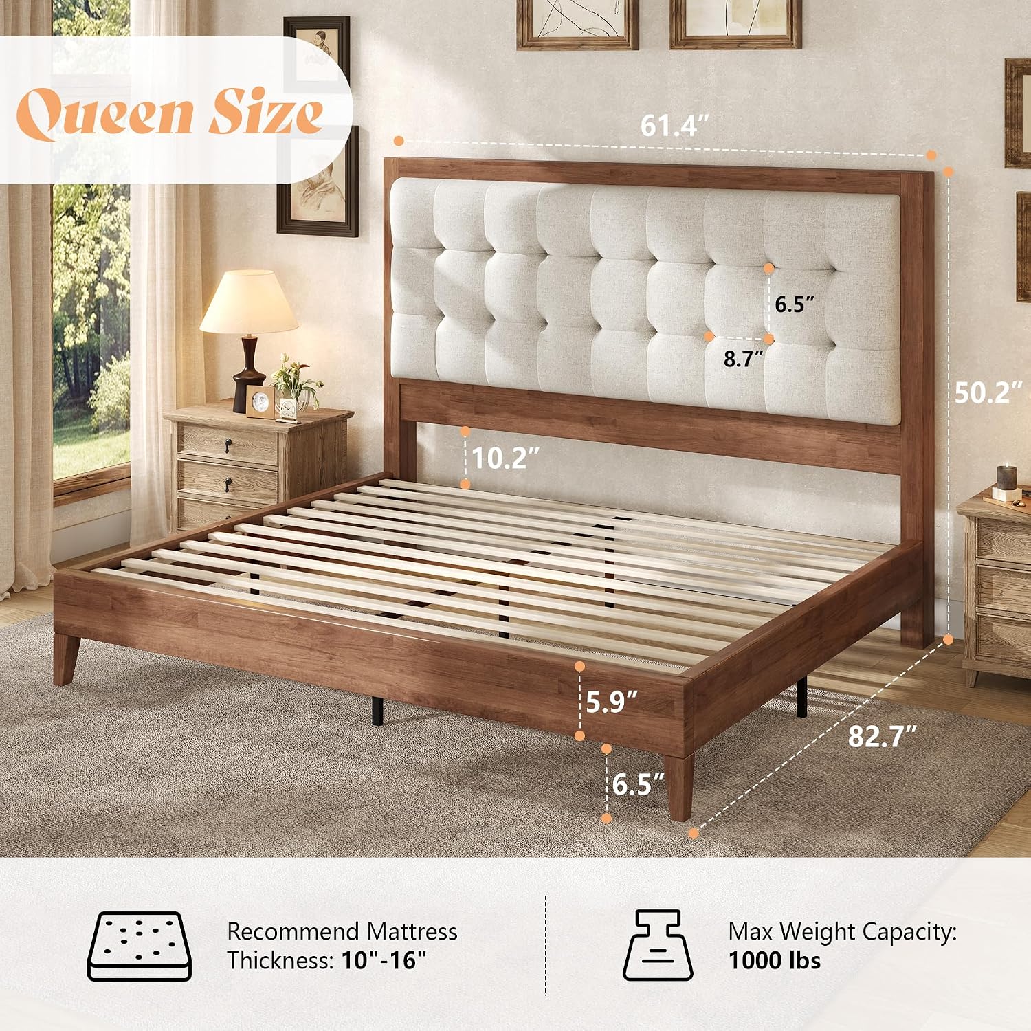 AMERLIFE Queen Bed Frame with Headboard, Solid Wooden Bed Frame Queen Size Platform Bed Mid-Century Style, No Box Spring Required, Walnut
