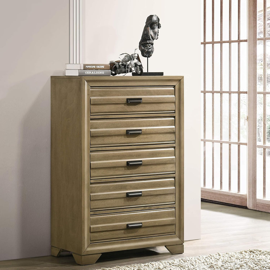 Roundhill Furniture Loiret Storage Platform King WallBed with Dresser and Mirror, Chest, Light Gray