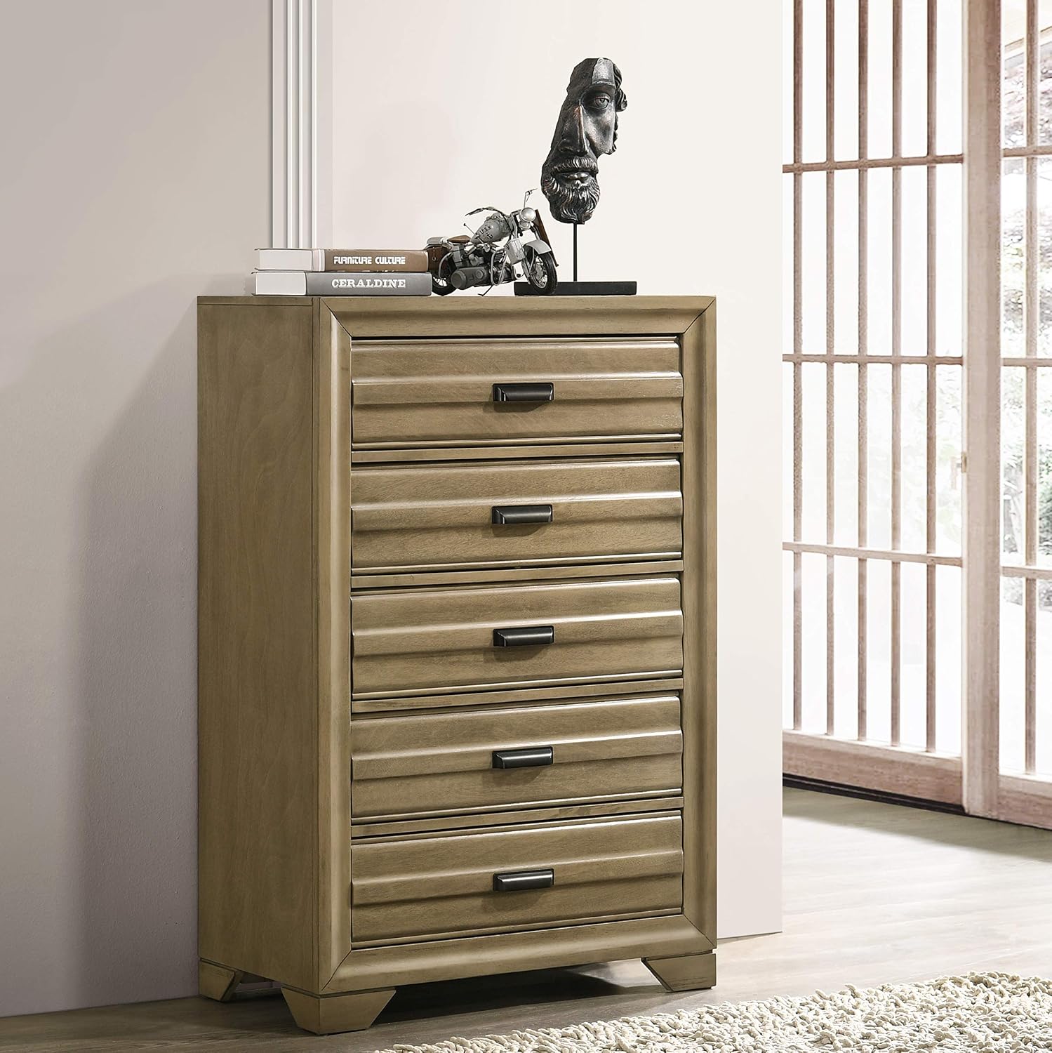 Roundhill Furniture Loiret Storage Platform King WallBed with Dresser and Mirror, Chest, Light Gray