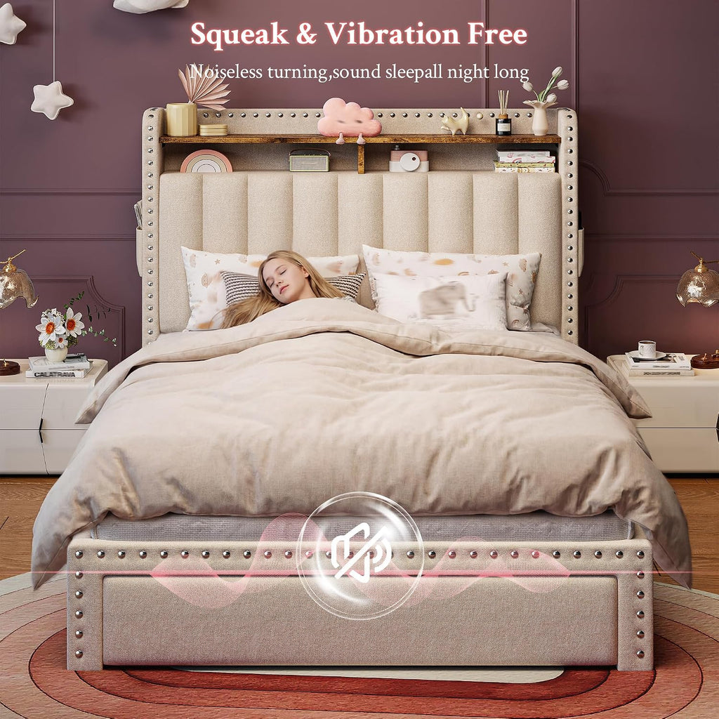 EnHomee Twin Fabric Upholstered Bed Frame with 2-Tier Vertical Channel Tufted Headboard and 2 Storage Drawers, Extra Storage Space for Bedroom Apartment, Beige