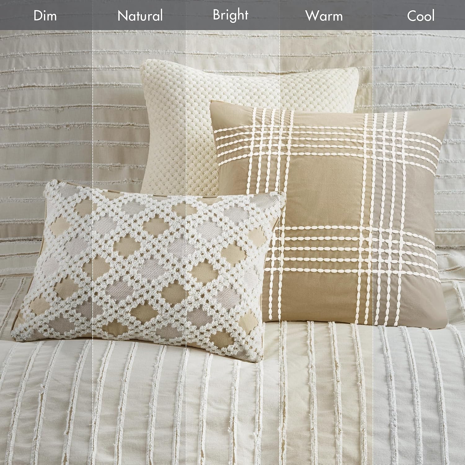 Madison Park Queen Comforter Set Clipped Jacquard Stripes with Buttons Boho Comforter for a Queen-Size Bed, Cotton Oversized Comforters with Removable Cover Boho Bedding, Queen Ivory 8 Piece