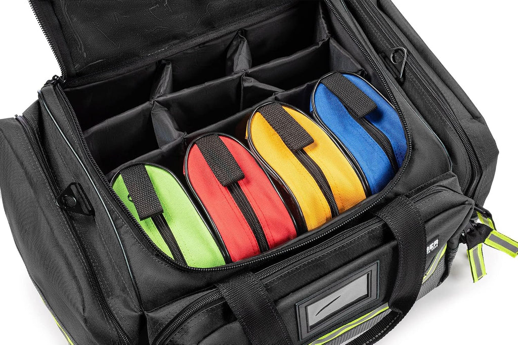 Scherber Fully-Stocked First Responder Professional Advanced EMT/EMS Trauma Kit | HSA/FSA Approved | Reflective Bag w/10+ Compartments, Zippered Pockets & 250+ First Aid Supplies (Black)