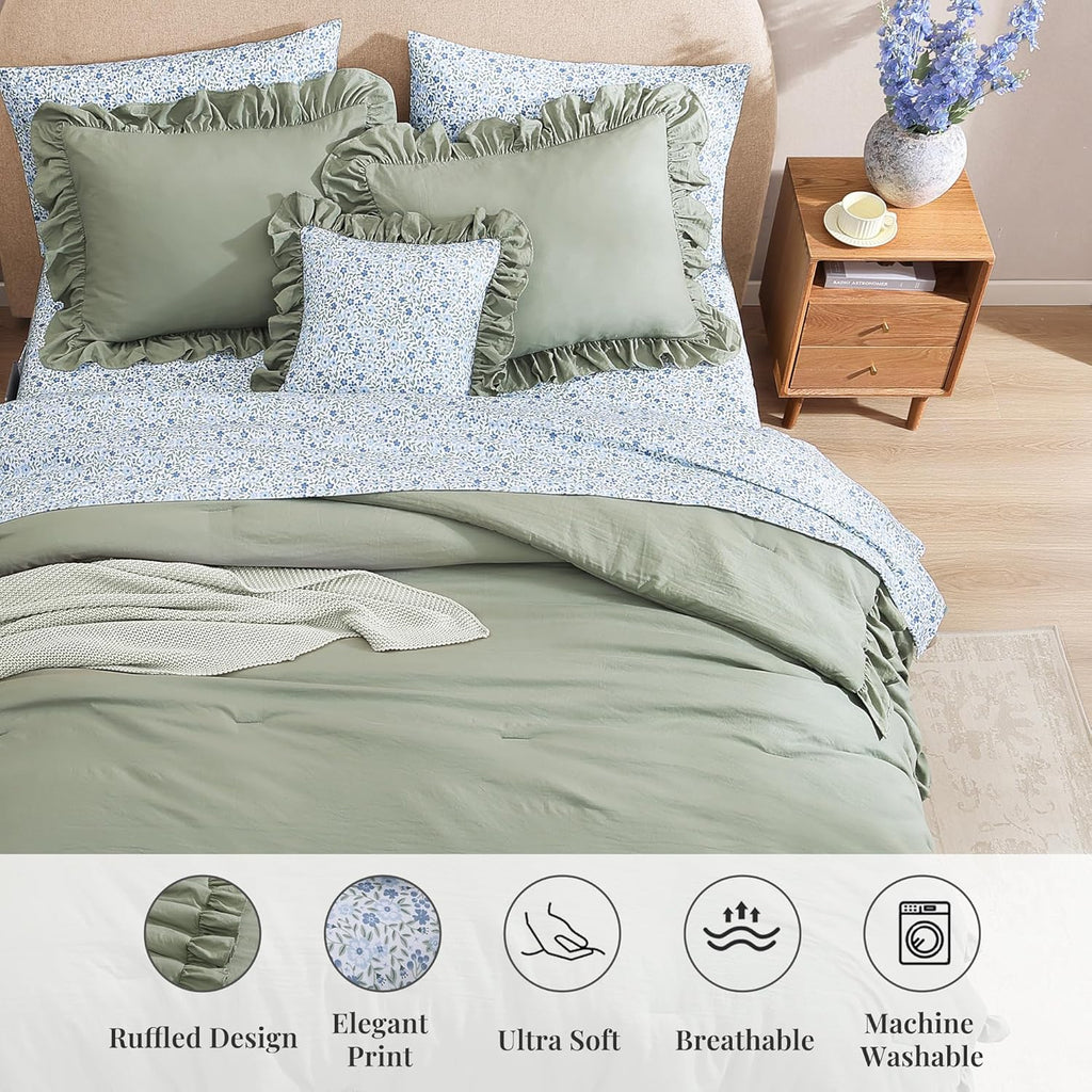 BLOOMHAVEN Oversized King Comforter Set - 7 Pieces Ruffle Sage Leaf Bedding Sets, Shabby Chic Farmhouse Bed in a Bag with Ruffle Comforter, Floral Sheets, Pillowcases & Shams