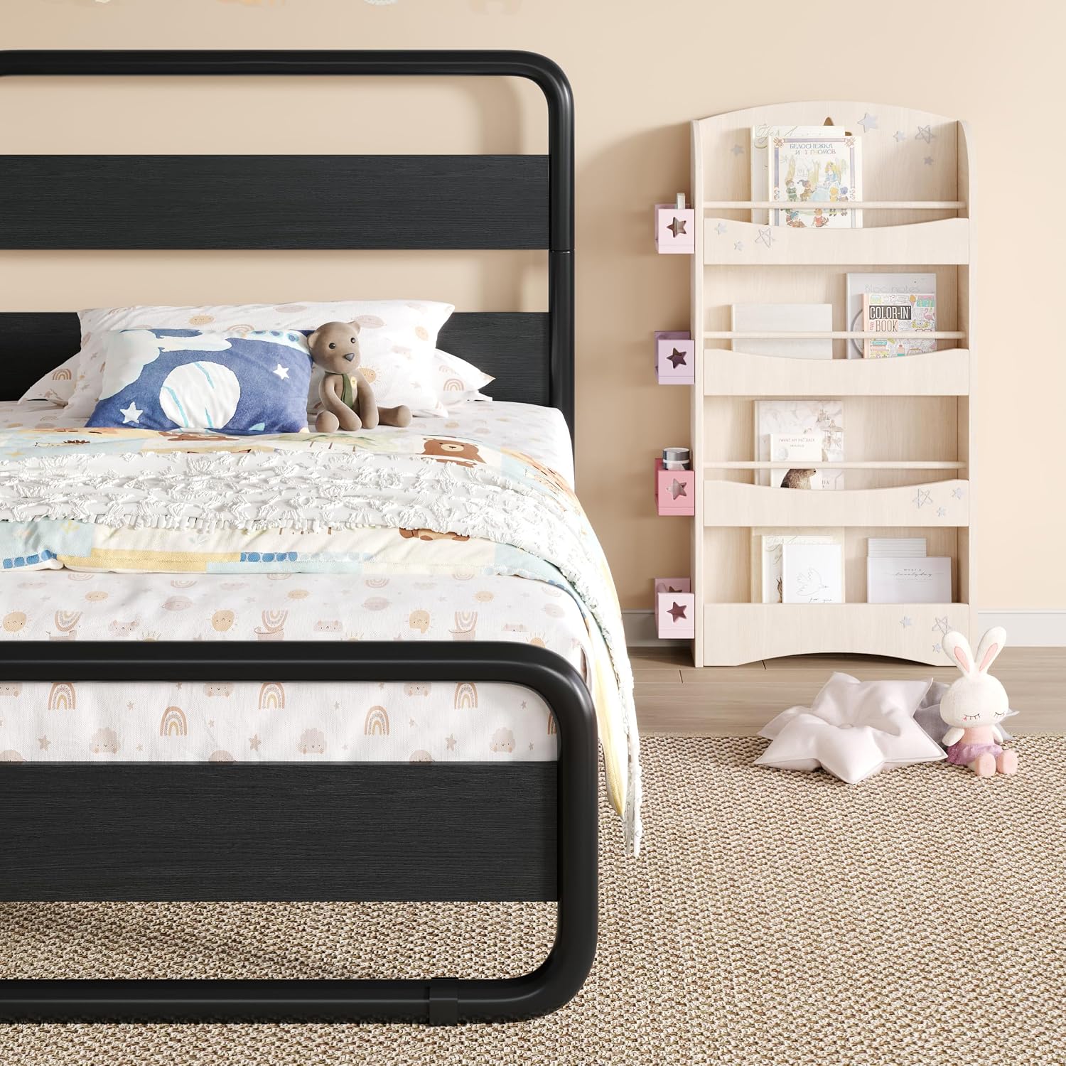 SHA CERLIN Twin Size Metal Bed Frame with Wooden Headboard and Footboard, Heavy Duty Oval-Shaped Platform Bed Frame with 10' Under-Bed Storage, Heavy Duty Slats Support, No Box Spring Needed, Black