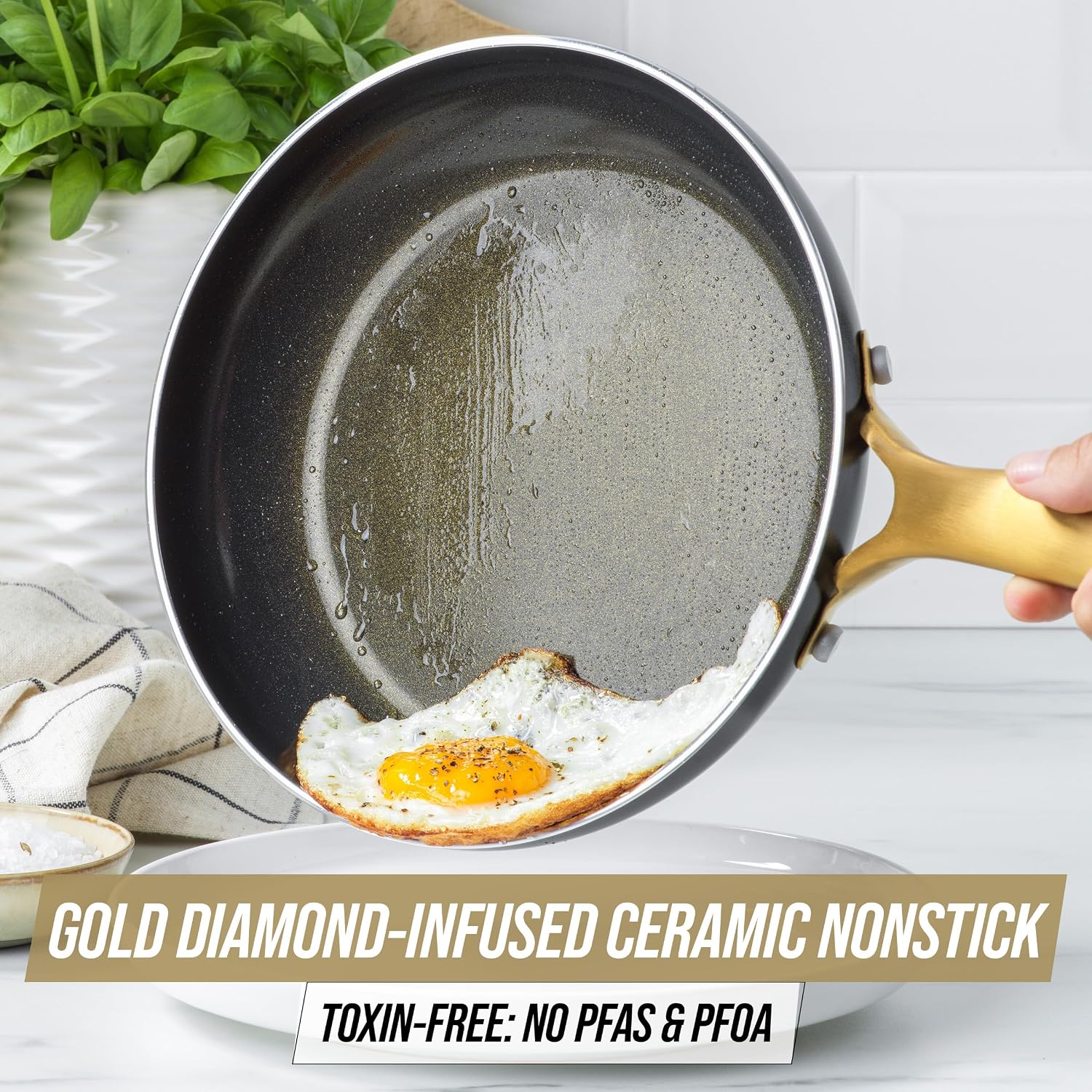 Blue Diamond Gold 10 Piece Cookware Pots and Pans Set, Induction Suitable, Diamond Infused PFAS-Free Ceramic Nonstick, Durable, Metal Utensil Safe, Dishwasher Safe, Gold Handle, Black