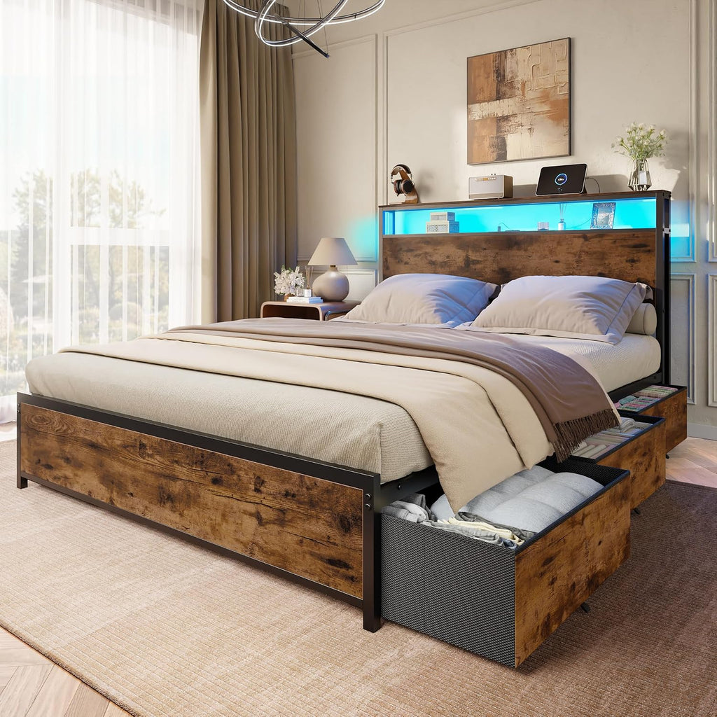Forestell Full Size Bed Frame with Storage Headboard & 6 Drawers,Sturdy Platform Bed Frame Full with Charging Station,LED Lights,2-Tier Wood Shelf Industrial Bedframe-Noise Free/No Box Spring Needed