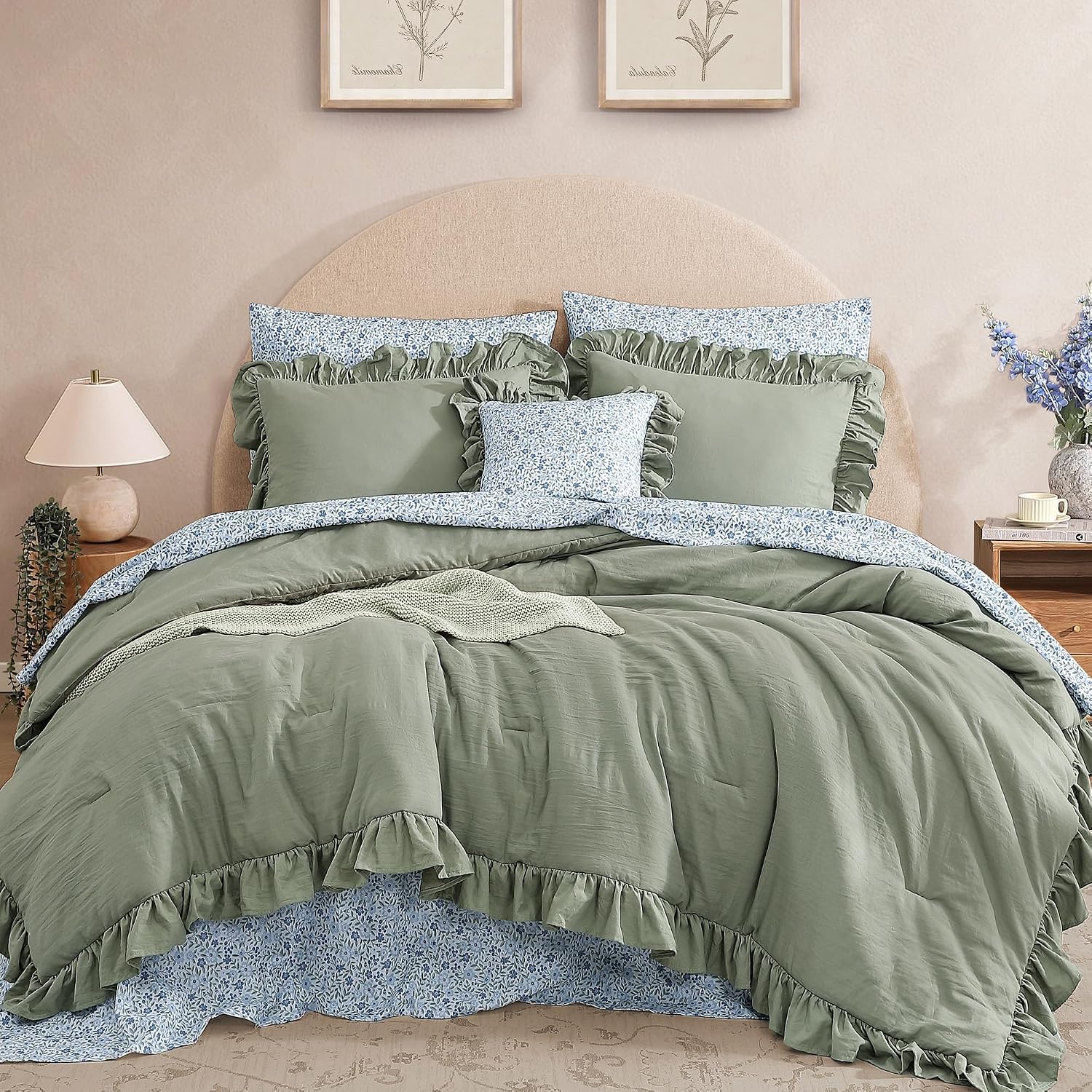 BLOOMHAVEN Oversized King Comforter Set - 7 Pieces Ruffle Sage Leaf Bedding Sets, Shabby Chic Farmhouse Bed in a Bag with Ruffle Comforter, Floral Sheets, Pillowcases & Shams