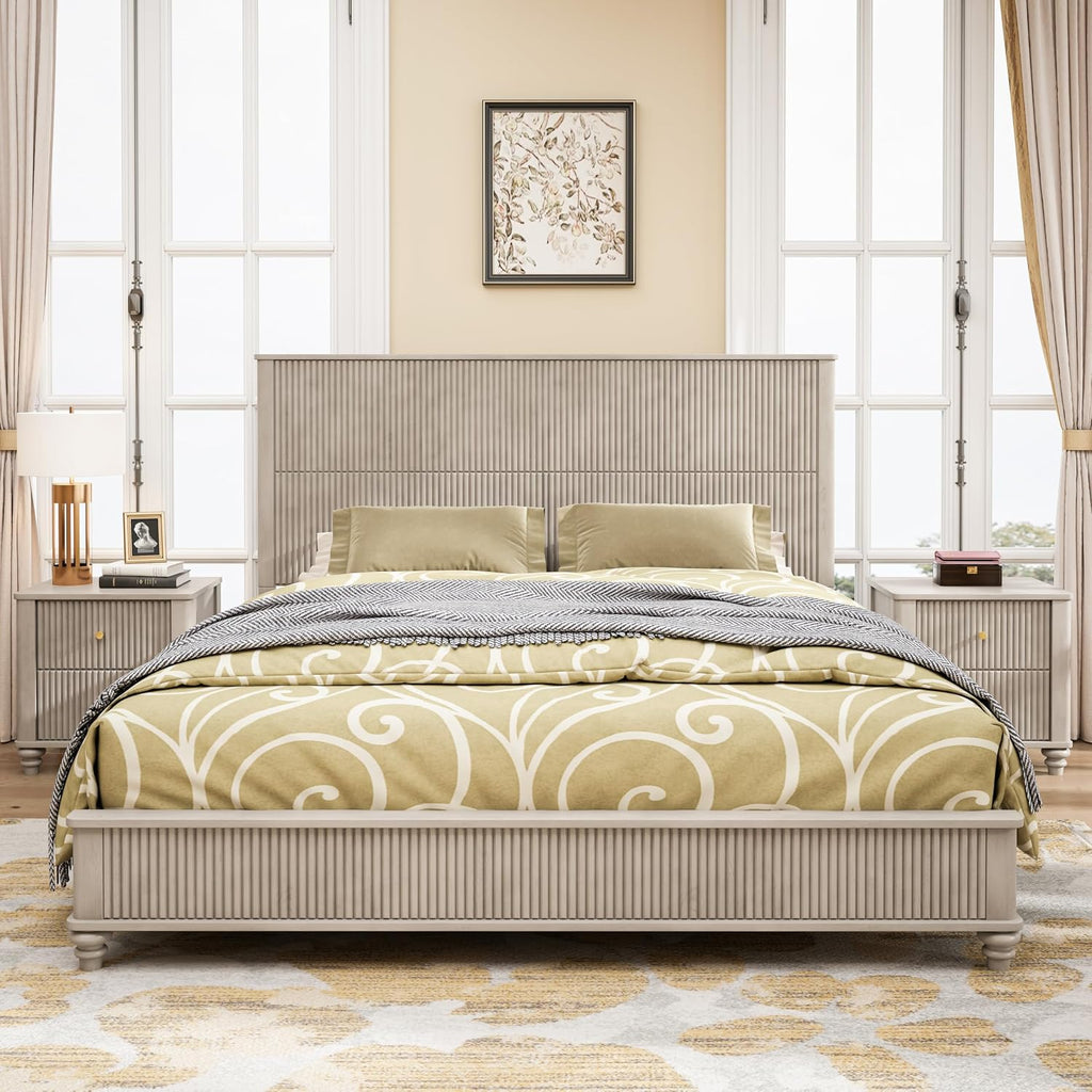 3-Pieces Bedroom Sets, King Size Platform Bed with 2 Nightstands, Solid Wood Platform Bed Frame with Tall Headboard and Classic American Turned Legs (Beige-5.25, King)