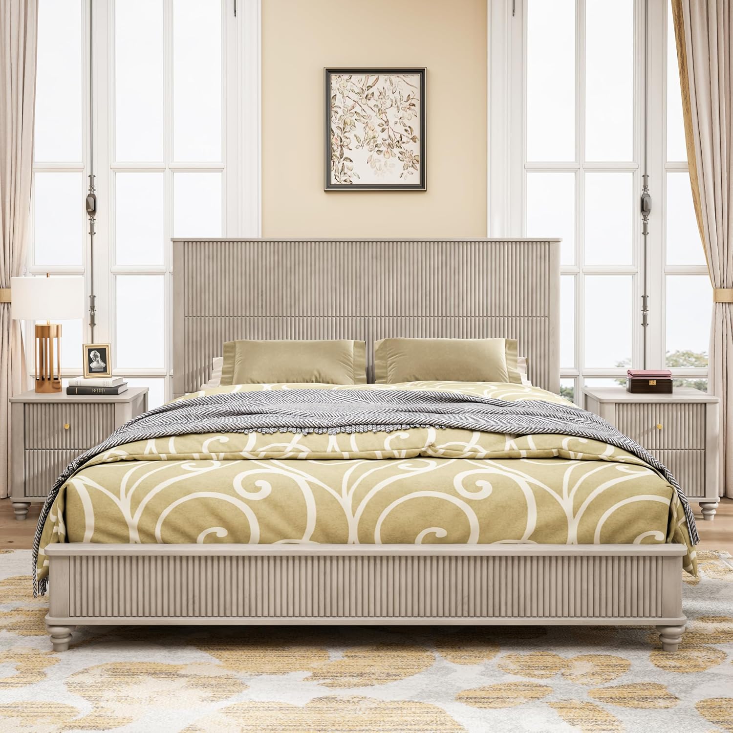 3-Pieces Bedroom Sets, King Size Platform Bed with 2 Nightstands, Solid Wood Platform Bed Frame with Tall Headboard and Classic American Turned Legs (Beige-5.25, King)