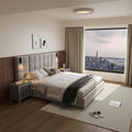 King Platform Bed Frame with 1 Nightstand Set of 1+1, Elegant Velvet Upholstered Bed with Grid Pattern Padded Headboard, 2 LED Wall Sconces & USB Ports, No Box Spring Needed, Pearl Grey