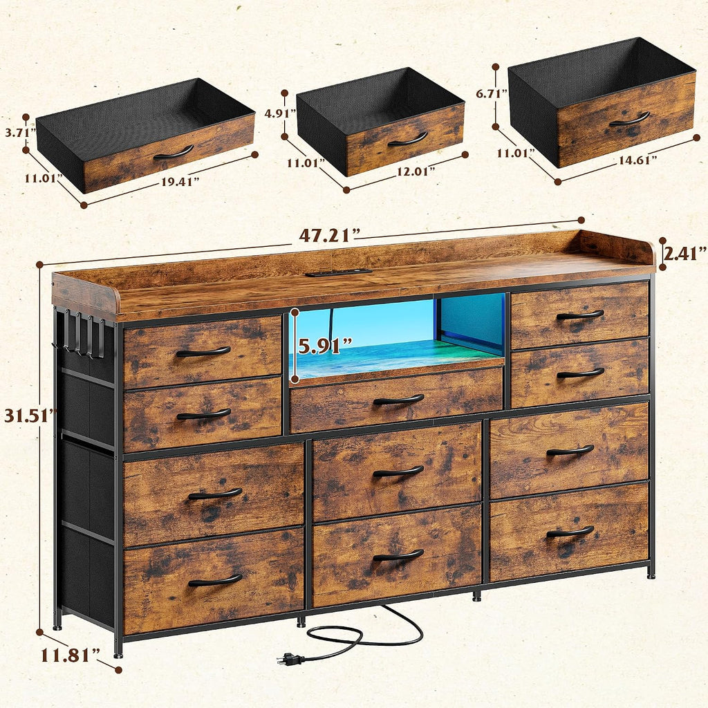 EnHomee Dresser TV Stand with 11 Drawers, 60' TV Stand with LED Lights & Power Outlets, Long Dresser for Bedroom with Shelves & 4 Hooks for Dorm, Hallway, Rustic Brown