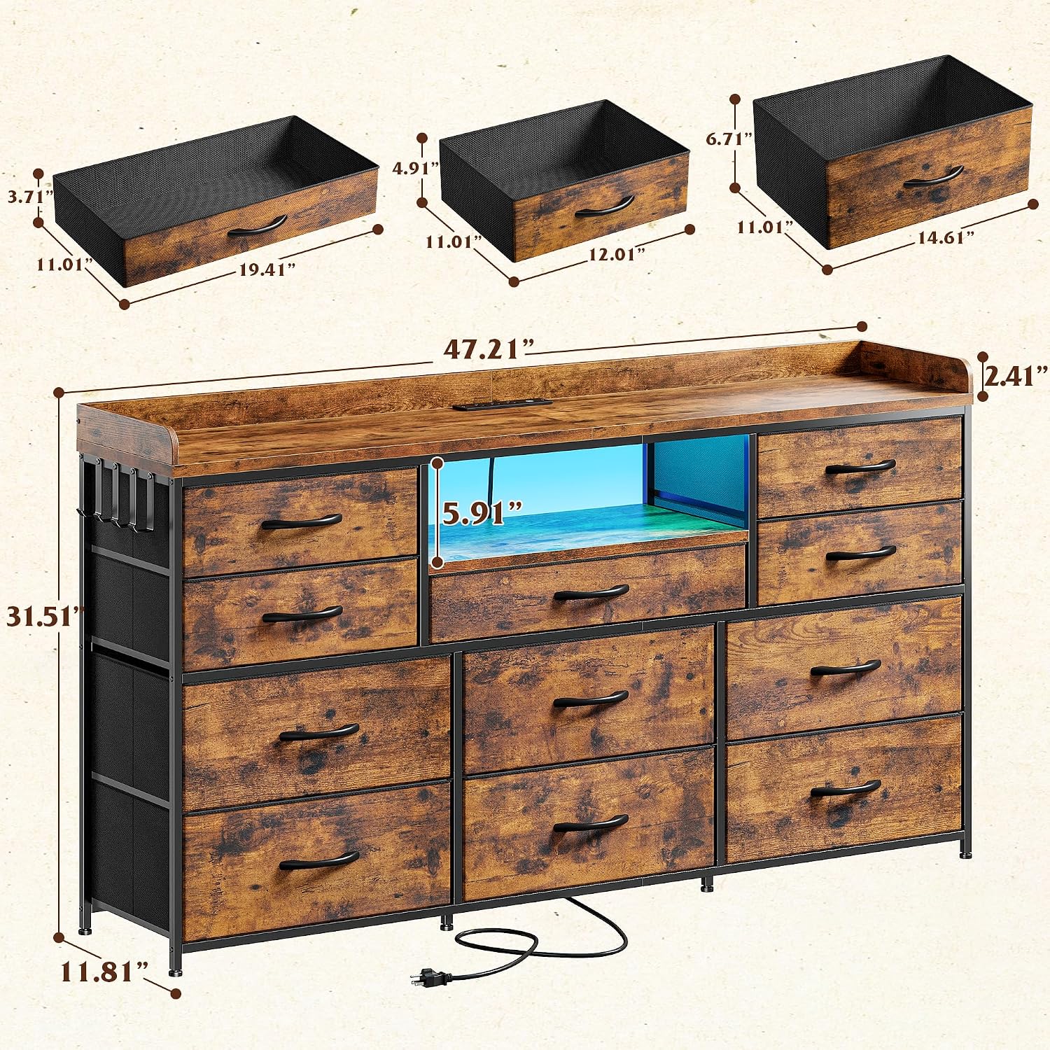 EnHomee Dresser TV Stand with 11 Drawers, 60' TV Stand with LED Lights & Power Outlets, Long Dresser for Bedroom with Shelves & 4 Hooks for Dorm, Hallway, Rustic Brown