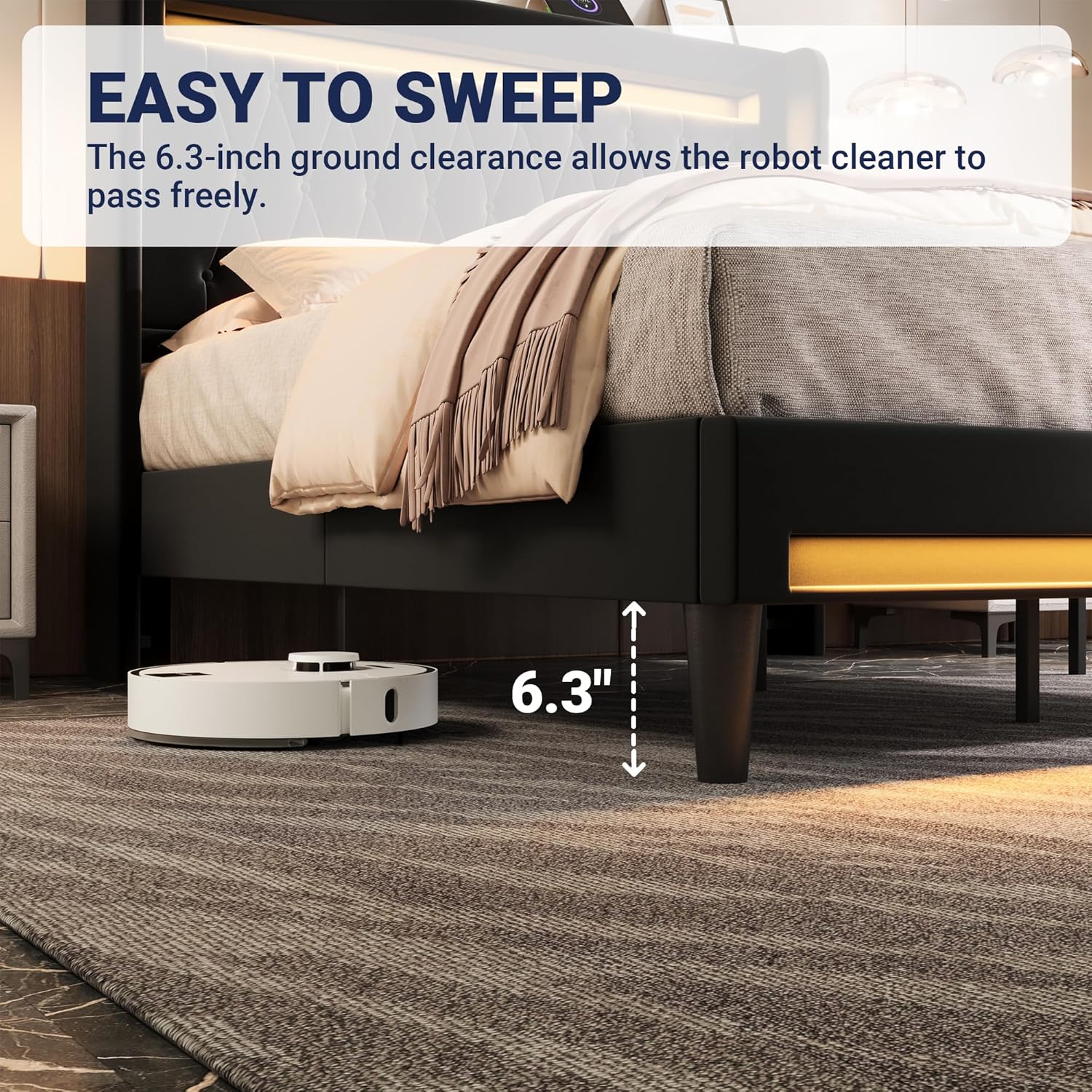 Allewie Upholstered Full Size Platform Bed Frame with LED Light and Charging Station, Button Tufted High Headboard, Wingback Design, Noise Free, Easy Assembly, No Box Spring Needed, Black