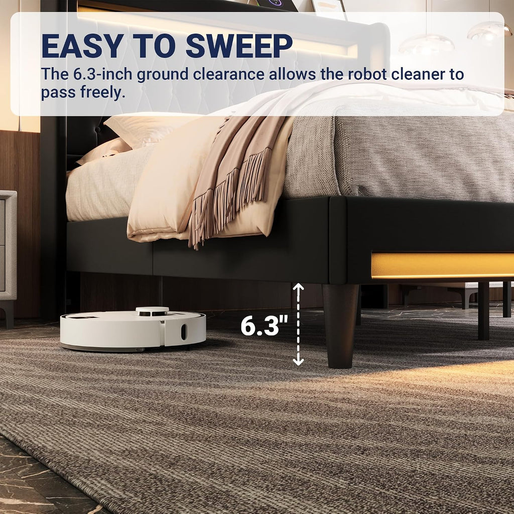 Allewie Upholstered King Size Platform Bed Frame with LED Light and Charging Station, Button Tufted High Headboard, Wingback Design, Noise Free, Easy Assembly, No Box Spring Needed, Black