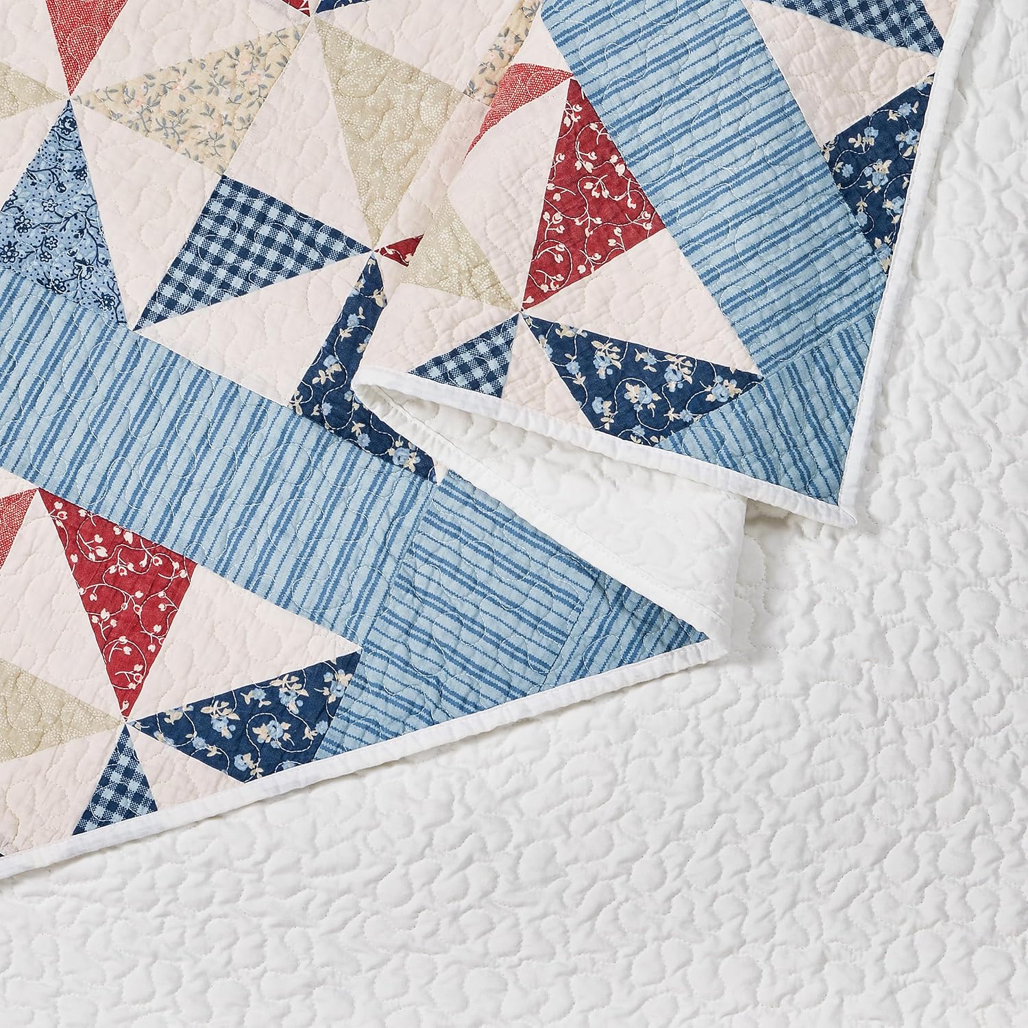 Modern Heirloom Americana Heartland Quilt Set, Full/Queen | Pieced Sashing with Printed Star & Pinwheel Blocks| Red, White, and Blue| Cotton Face and Fill| 3-Piece
