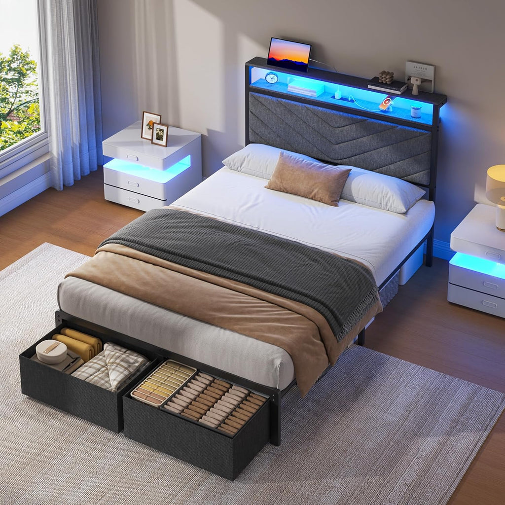 Fluest Twin Bed Frame with Storage Drawers, Upholstered Headboard with Charging Station, LED Lights, Fabric Drawers with Wheels, Under Bed Storage, No Box Spring Needed, Easy Assembly, Grey