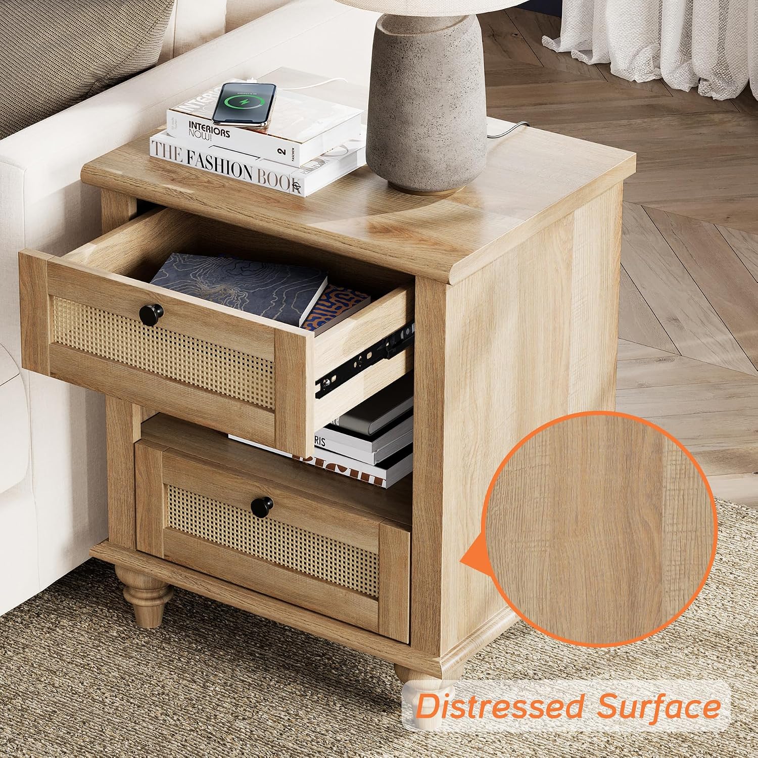 WAMPAT 4 Piece Dresser and Nightstand Sets - Includes Two Farmhouse 3 Drawer Dressers for Bedroom, Set of 2 Side Tables Bedside Table with Charging Station, 4 Piece Bedroom Set, Oak