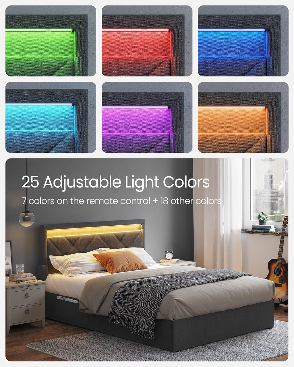 VASAGLE LED Bed Frame Full Size, Full Bed with Headboard and 4 Drawers, 1 USB Port and 1 Type C Port, Adjustable Upholstered Headboard 37.1/39.6 Inches, No Box Spring Needed, Dark Gray URMB822G71
