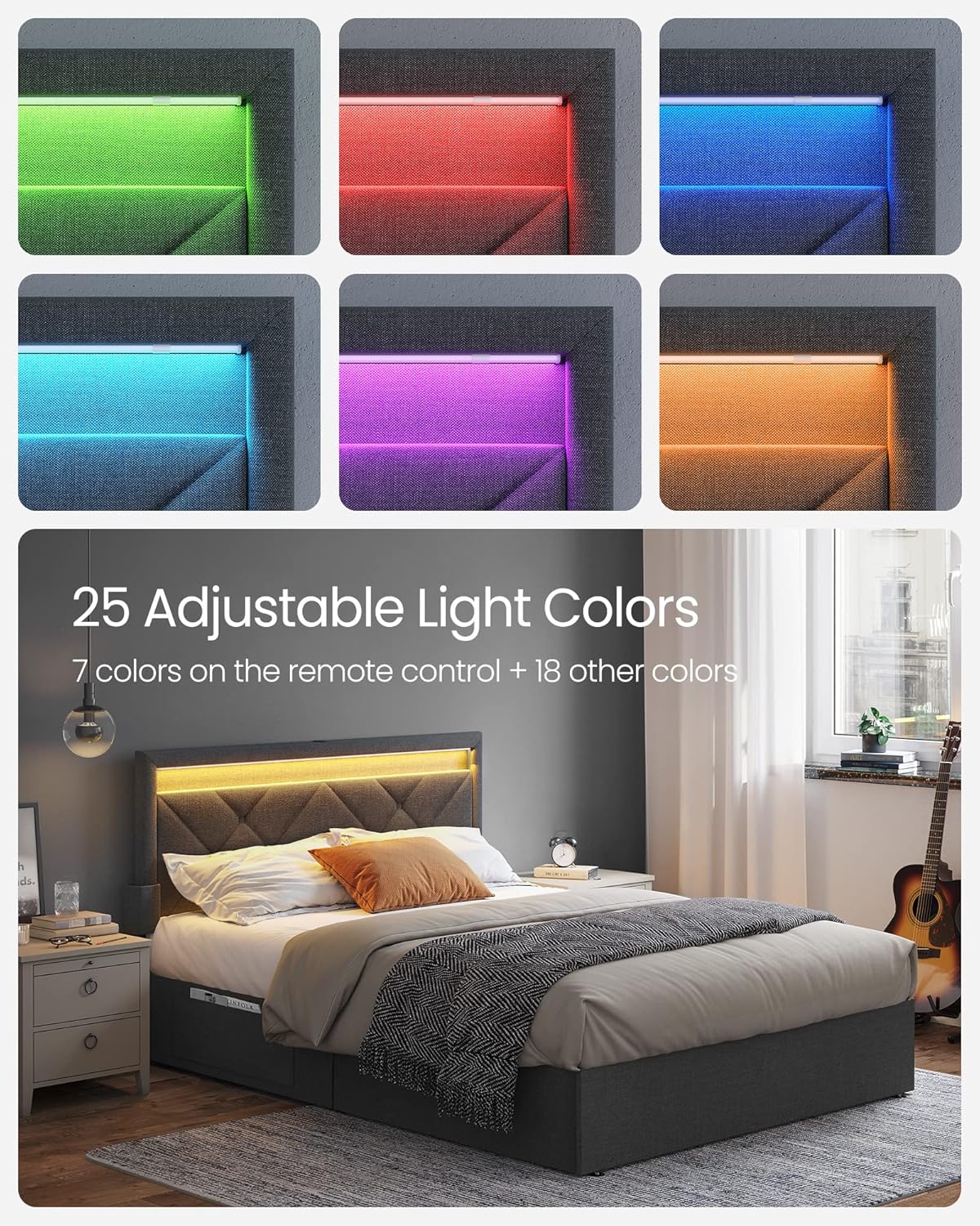 VASAGLE LED Bed Frame Full Size, Full Bed with Headboard and 4 Drawers, 1 USB Port and 1 Type C Port, Adjustable Upholstered Headboard 37.1/39.6 Inches, No Box Spring Needed, Dark Gray URMB822G71