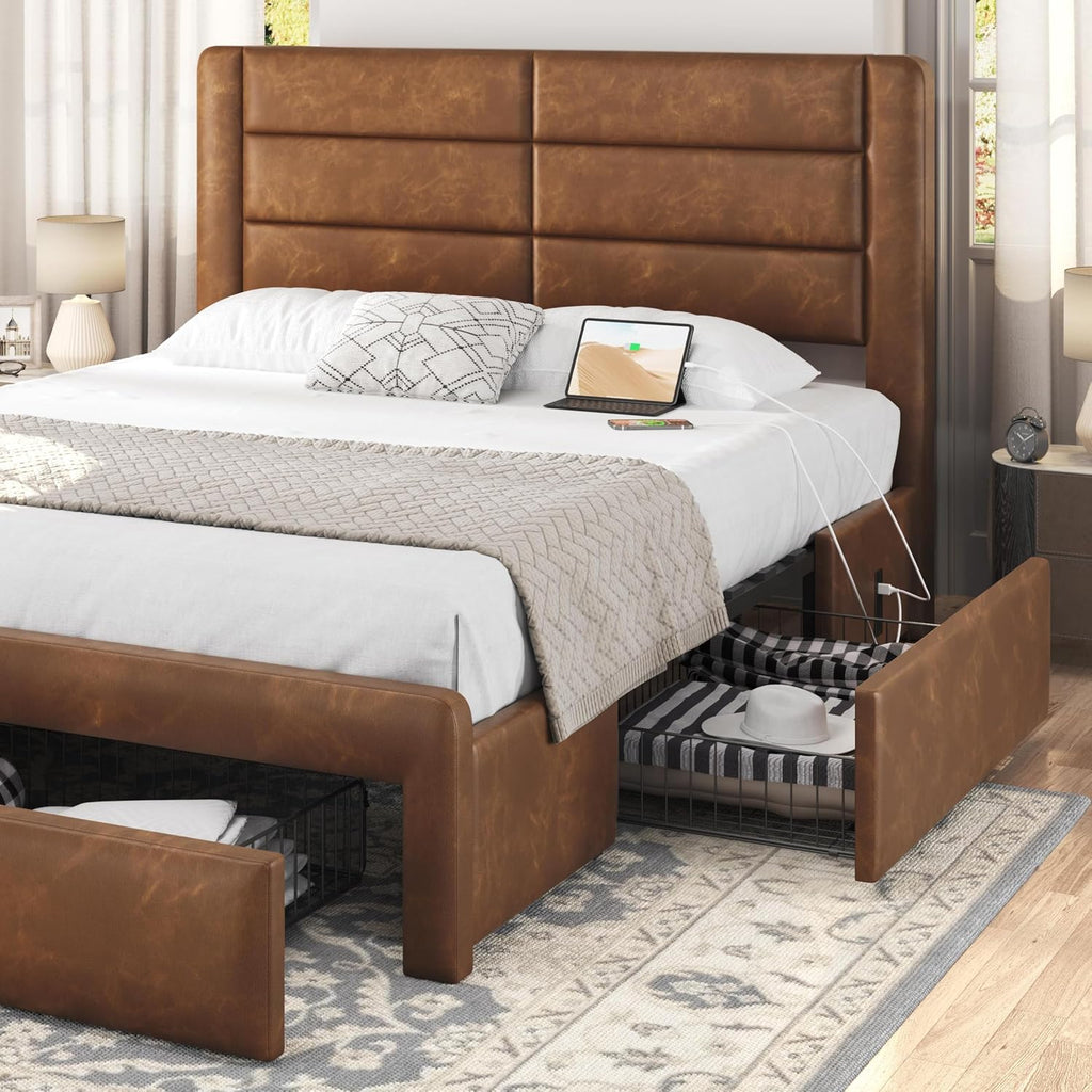 Yaheetech Queen Bed Frame with 2 USB Charging Stations/Port for Type A&Type C/3 Storage Drawers,Leather Upholstered Platform Bed with Headboard/Solid Wood Slat Support/No Box Spring Needed/Amber Brown