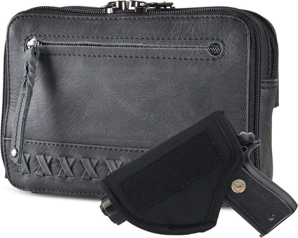 Kailey Concealed Self Defence Waist Bag by Lady Conceal - Buffalo or Suede Cowhide Leather, 3 Open Sides and YKK Locking Zippers with Universal Holster (Black) - 8' L x 5.5' H x 2.25'
