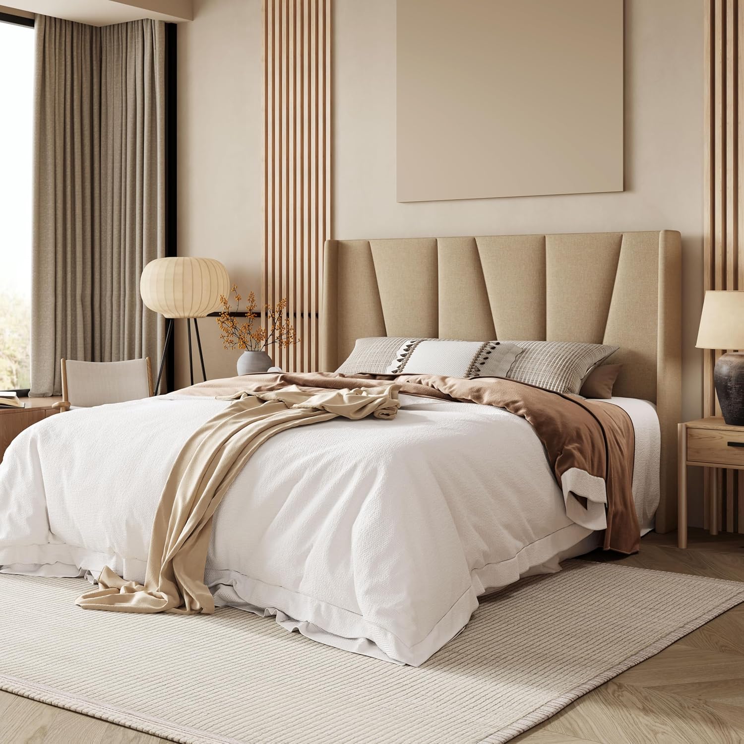 Allewie Full Size Platform Bed Frame with Geometric Wingback Headboard, Boho Upholstered Bed with Wooden Slats Support, No Box Spring Needed, Easy Assembly, Beige