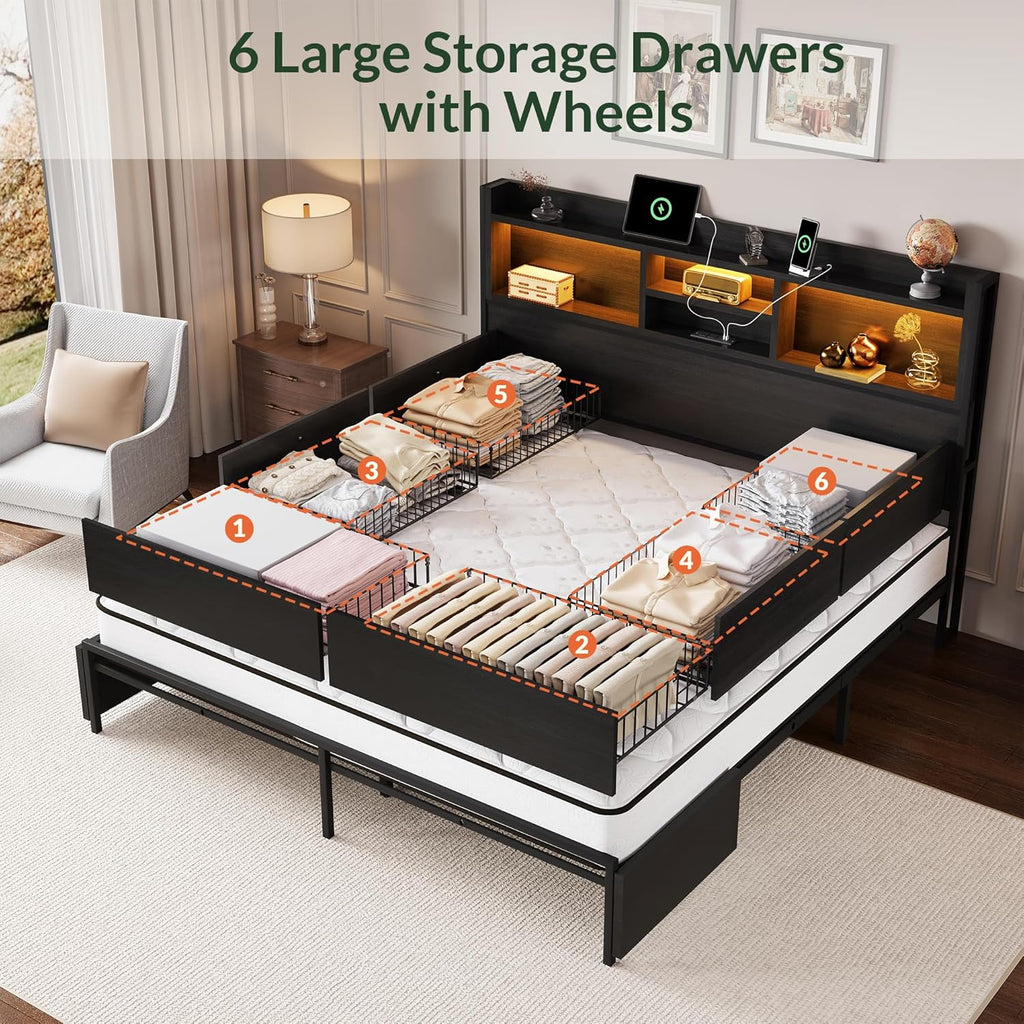 LARMACE King Size Bed Frame with 6 Storage Drawers and Headboard Wooden Platform Bed Frame with LED Lights and Charging Station Easy Assembly/No Box Spring Needed/Black