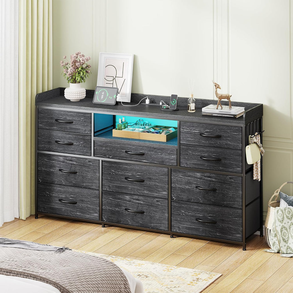 Black Dresser for Bedroom with LED Lights & Charging Station & 4 Hooks 11 Drawer Dressers & Chests of Drawers Long Fabric Dresser TV Stand for 50 55 60 inch TV for Entryway 11.8'D x 47.2'W x 31.5'H