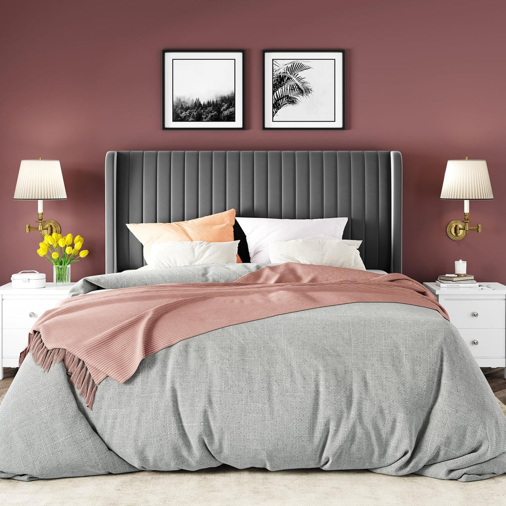 Allewie Full Size Velvet Bed Frame/Vertical Channel Tufted Wingback Headboard/Upholstered Platform Bed/Strong Wooden Slats/No Box Spring Needed/Easy Assembly/Grey
