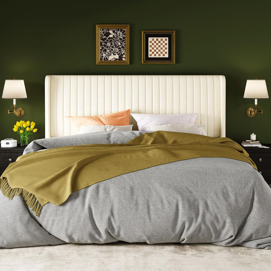 Allewie King Size Velvet Bed Frame/Vertical Channel Tufted Wingback Headboard/Upholstered Platform Bed/No Box Spring Needed/Strong Wooden Slats/Easy Assembly/Cream White