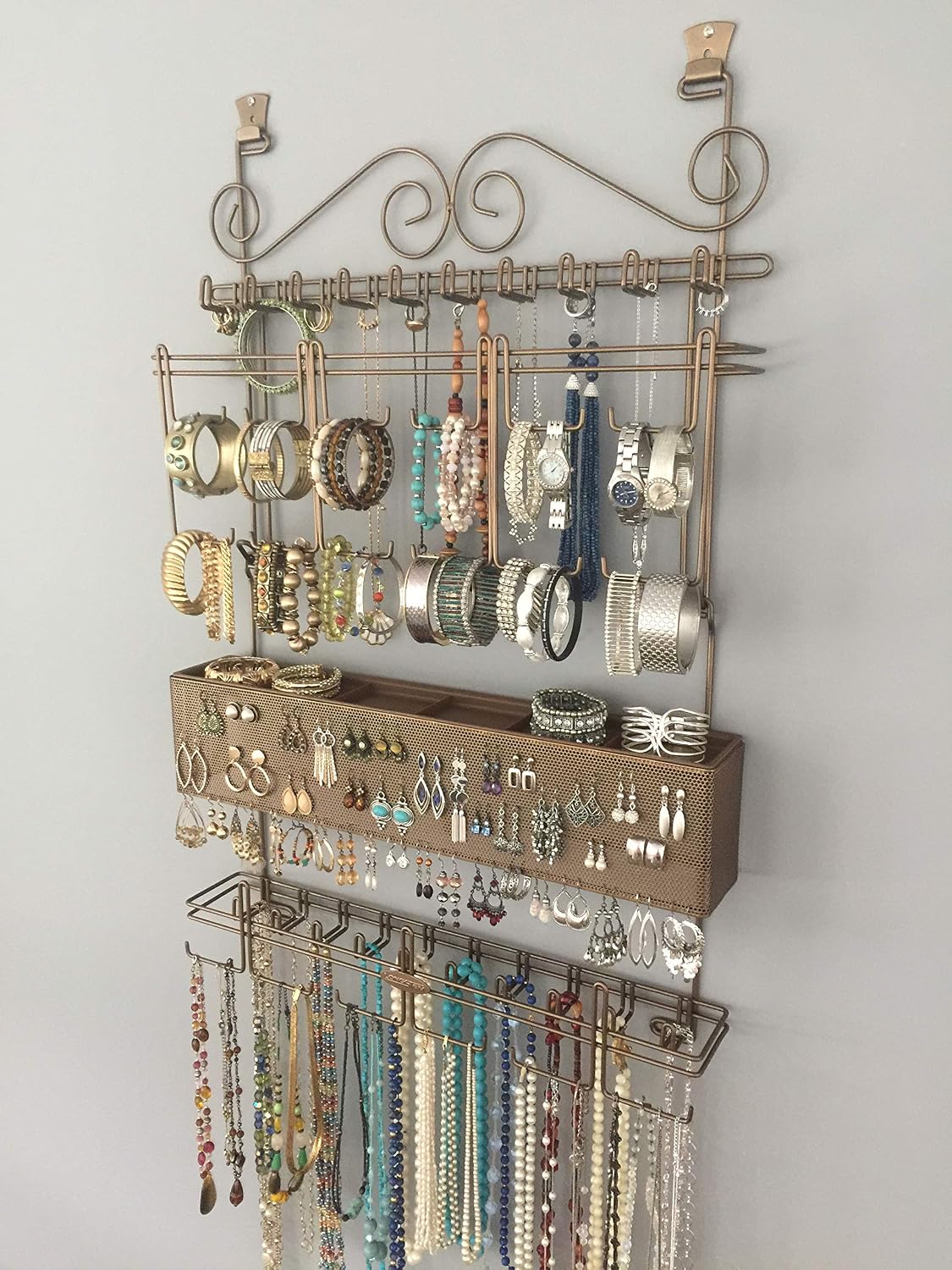 Longstem Hanging Jewelry Organizer #7100 in Bronze Over the Door/Wall Holds Over 300 Pieces All in One Jewelry Storage for Earrings Necklace Bracelet and Watches