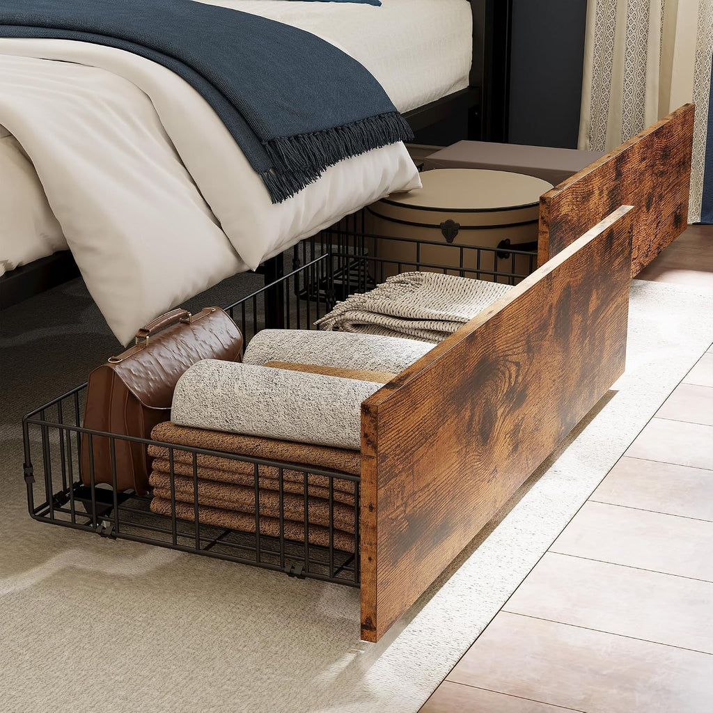 LIKIMIO California King Bed Frame with 4 Storage Drawers, Platform Bed with Charged Headboard, Sturdy and Stable, No Noise, No Box Spring Needed, Easy to Install, Vintage Brown and Gray