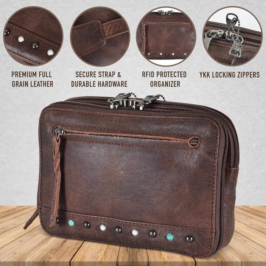 Kailey Concealed Self Defence Waist Bag by Lady Conceal - Buffalo/Suede Cowhide Leather, 3 Open Sides & Locking Zippers with Universal Holster (Mahogany w/Studs) - 8' L x 5.5' H x 2.25'